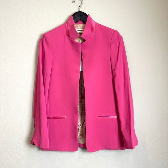 Zadig &‎ Voltaire Jacket Blazer XS Open Front Raspberry Pink $698 Satin Trim - Picture 1 of 15